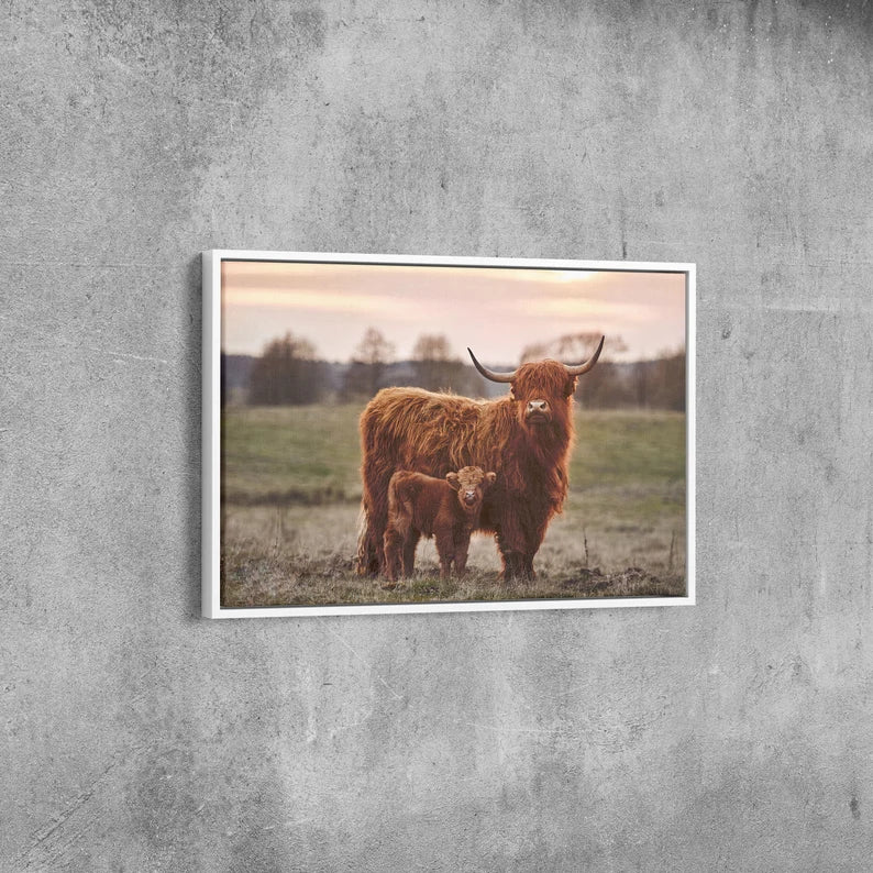 Highland Cow and Calf Canvas Wall Art | Rustic Farmhouse Animal Print | Large Framed Decor