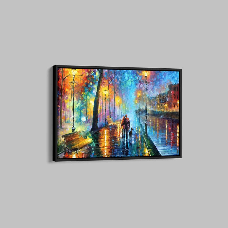 Romantic Rainy Night Canvas Wall Art – Colorful Abstract Cityscape Painting Print for Living Room Decor