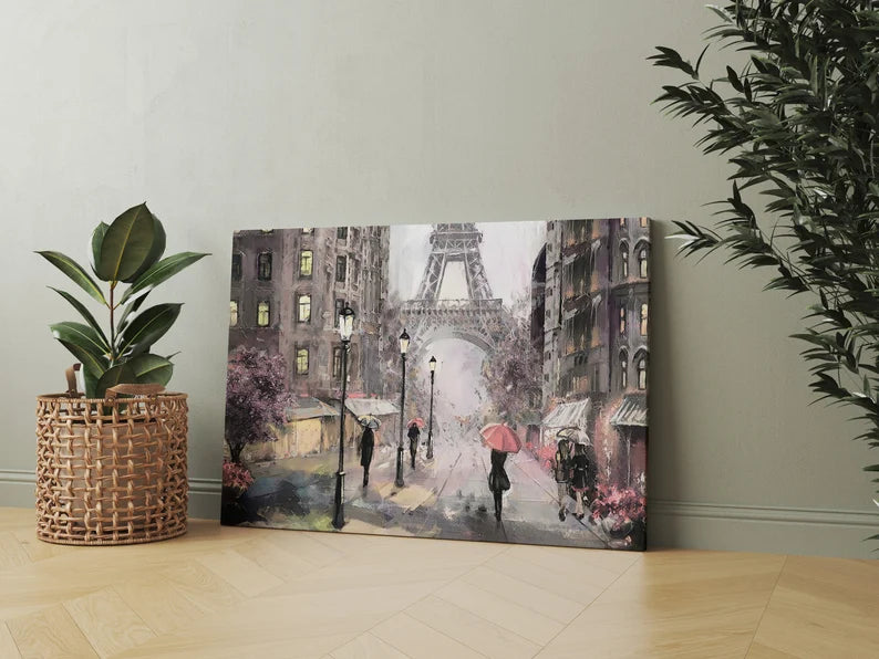 Eiffel Tower Paris Oil Painting Canvas Art | Romantic Rainy Street Scene Print