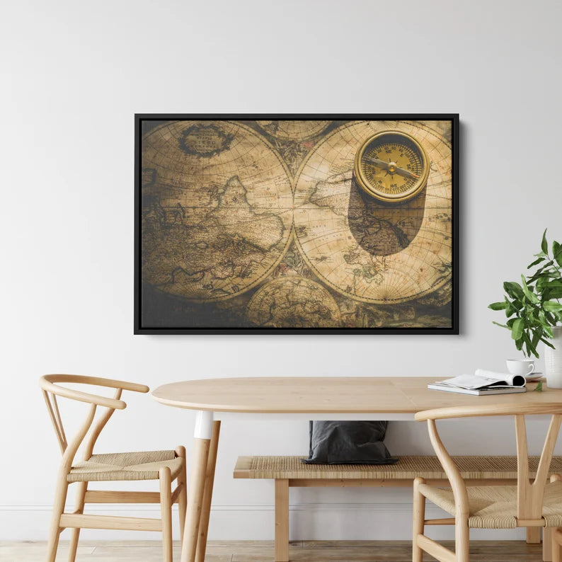 Vintage World Map Canvas Wall Art | Antique Compass & Explorer Theme Print