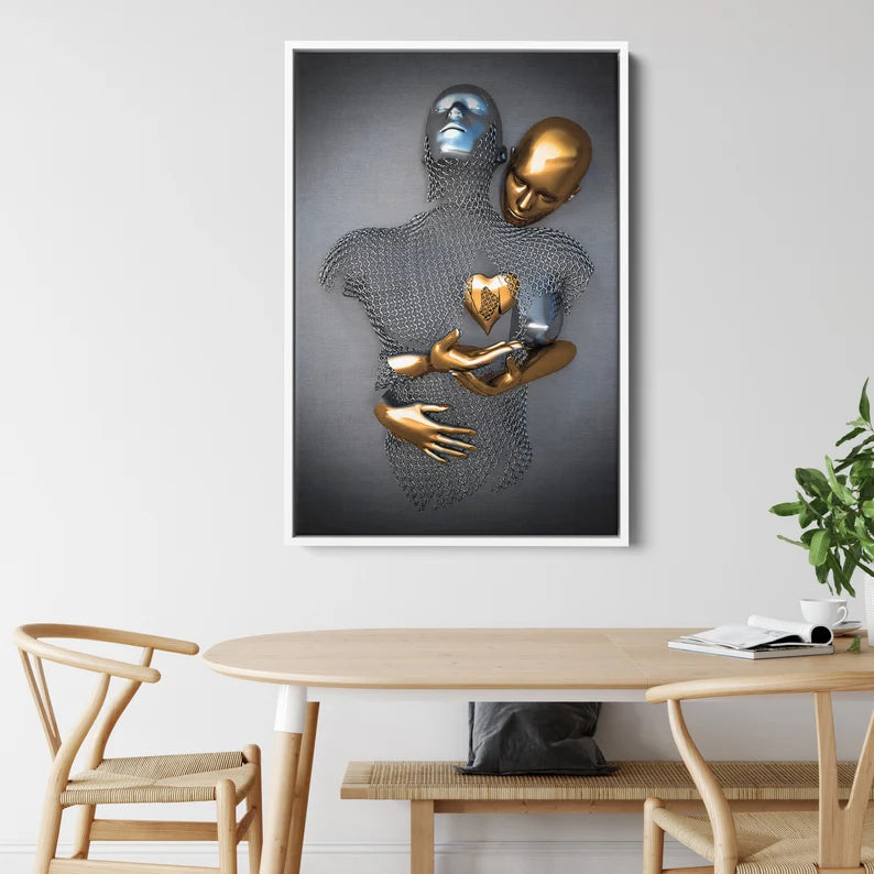Abstract Metallic Couple Canvas Wall Art – Modern Love Sculpture Print for Contemporary Home Decor