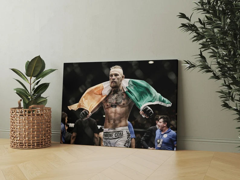 Boxing Champion Canvas Wall Art – Fighter with Irish Flag Sports Poster Print for Gym and Man Cave Decor