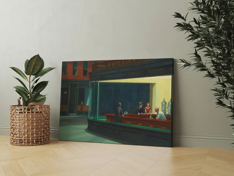 Modern Classic Art Nighthawks Canvas | Museum Quality Framed Print for Living Room