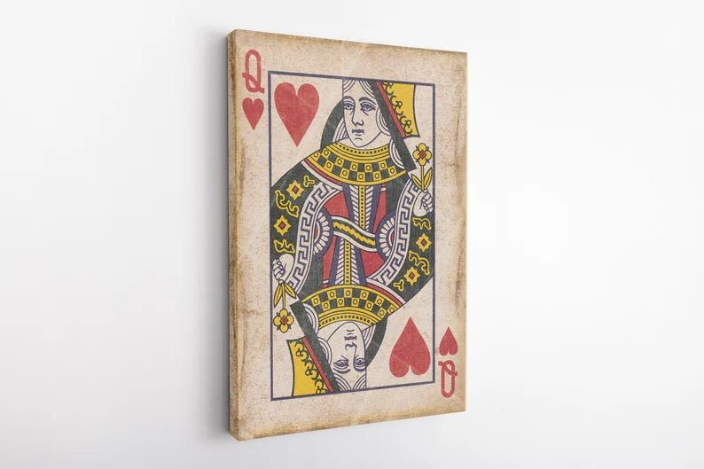 Queen of Hearts Vintage Playing Card Canvas Wall Art – Retro Poker Print for Game Room and Bar Decor