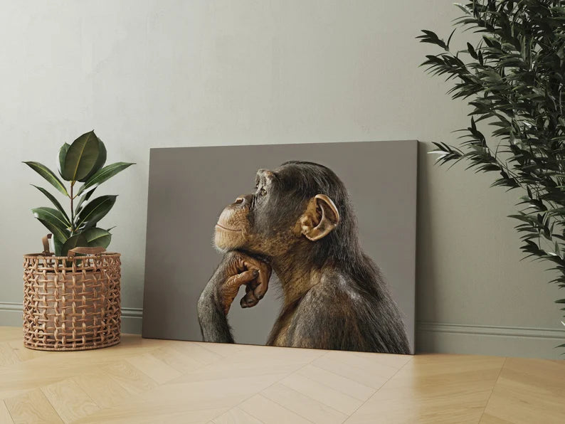 Thinking Chimpanzee Canvas Wall Art – Funny Animal Portrait Print for Modern Living Room Decor