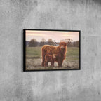 Highland Cow and Calf Canvas Wall Art | Rustic Farmhouse Animal Print | Large Framed Decor