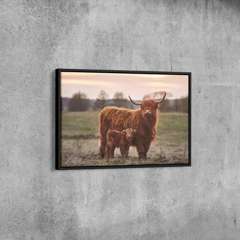 Highland Cow and Calf Canvas Wall Art | Rustic Farmhouse Animal Print | Large Framed Decor