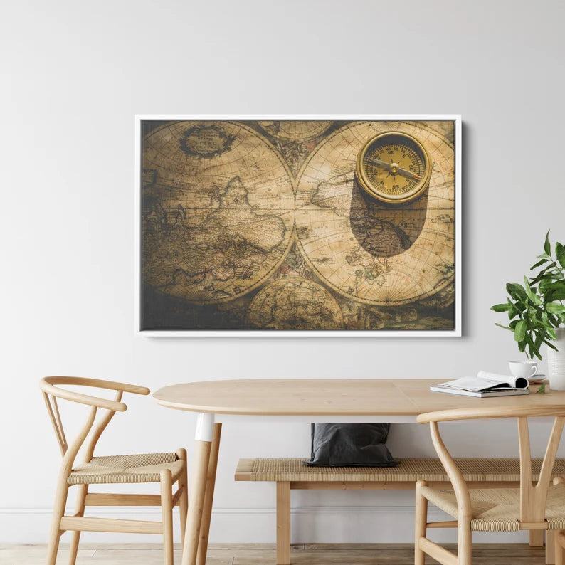 Vintage World Map Canvas Wall Art | Antique Compass & Explorer Theme Print