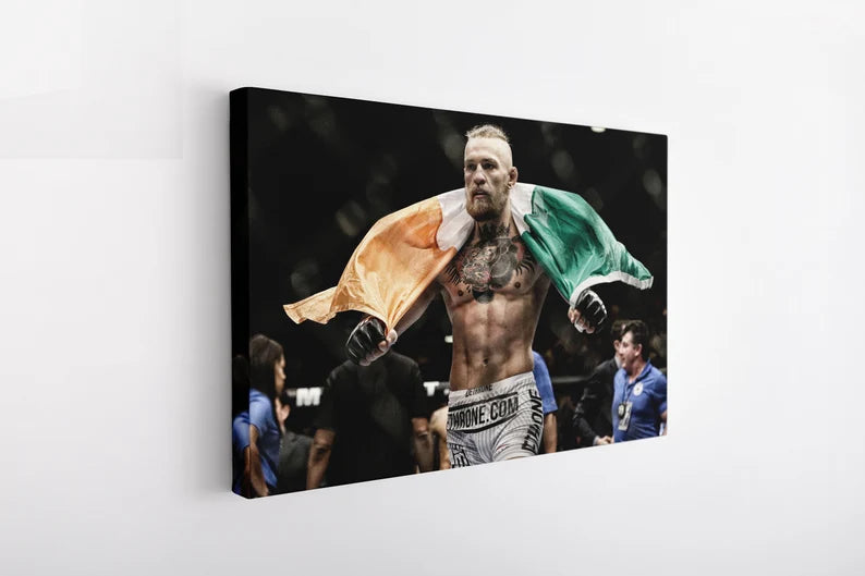 Boxing Champion Canvas Wall Art – Fighter with Irish Flag Sports Poster Print for Gym and Man Cave Decor