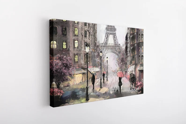 Eiffel Tower Paris Oil Painting Canvas Art | Romantic Rainy Street Scene Print