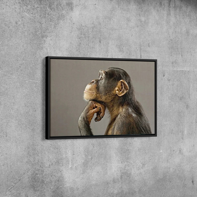 Thinking Chimpanzee Canvas Wall Art – Funny Animal Portrait Print for Modern Living Room Decor