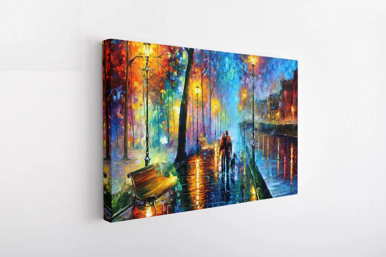 Romantic Rainy Night Canvas Wall Art – Colorful Abstract Cityscape Painting Print for Living Room Decor