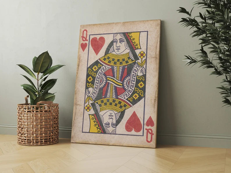Queen of Hearts Vintage Playing Card Canvas Wall Art – Retro Poker Print for Game Room and Bar Decor