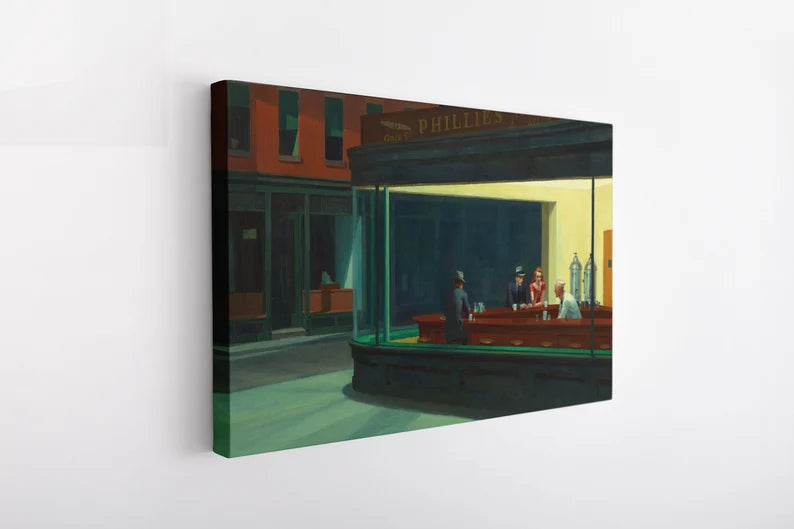 Modern Classic Art Nighthawks Canvas | Museum Quality Framed Print for Living Room