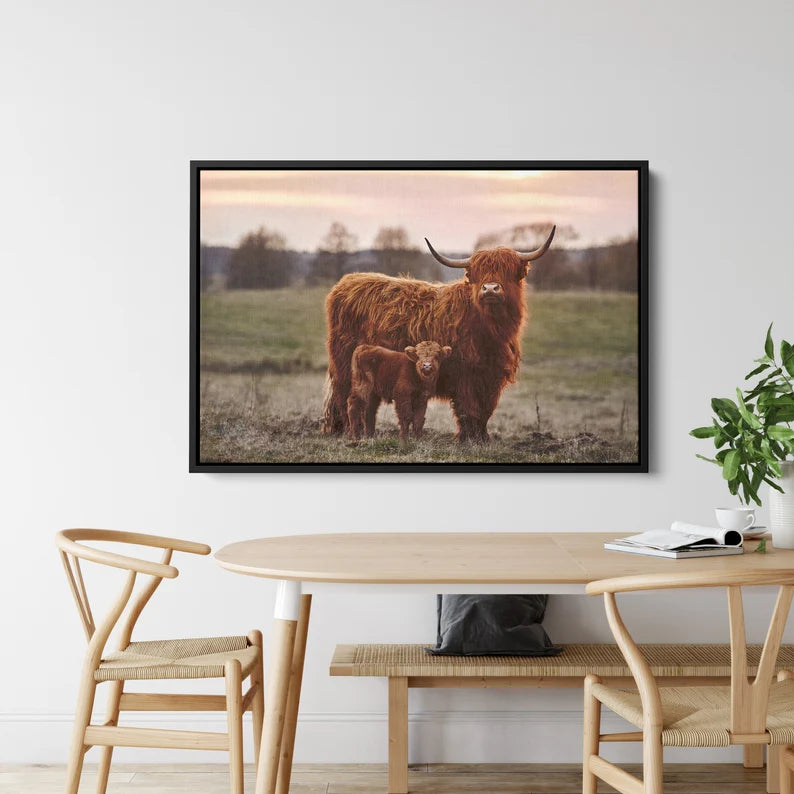 Highland Cow and Calf Canvas Wall Art | Rustic Farmhouse Animal Print | Large Framed Decor