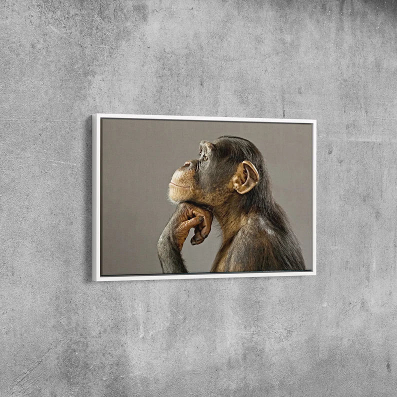 Thinking Chimpanzee Canvas Wall Art – Funny Animal Portrait Print for Modern Living Room Decor