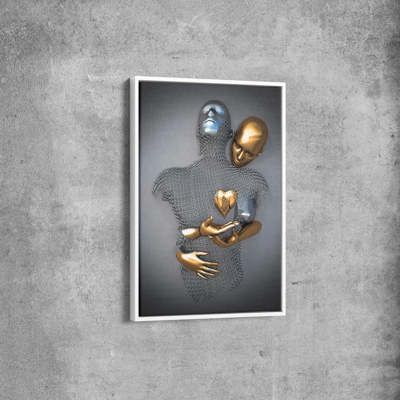 Abstract Metallic Couple Canvas Wall Art – Modern Love Sculpture Print for Contemporary Home Decor
