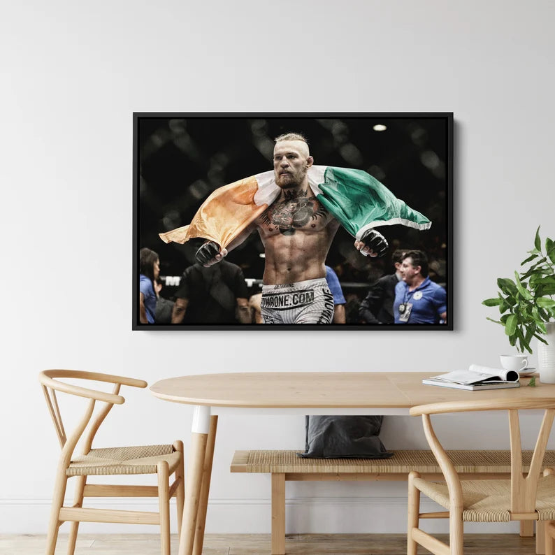 Boxing Champion Canvas Wall Art – Fighter with Irish Flag Sports Poster Print for Gym and Man Cave Decor