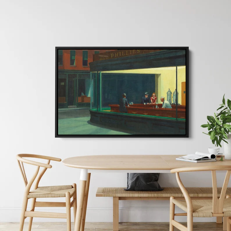 Modern Classic Art Nighthawks Canvas | Museum Quality Framed Print for Living Room