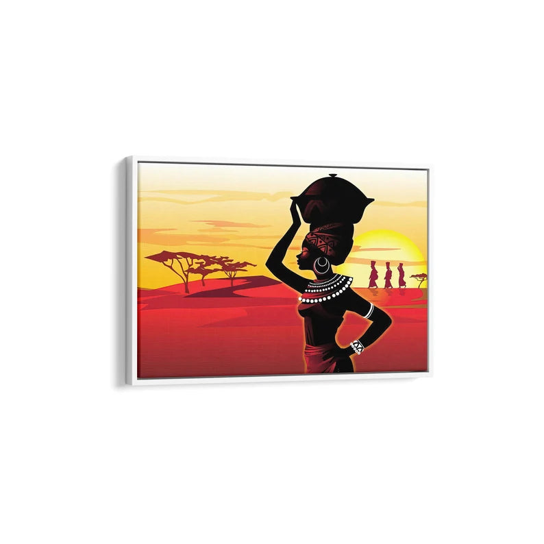 African Woman Sunset Canvas Wall Art – Tribal Culture Silhouette Poster Print for Modern Home Decor
