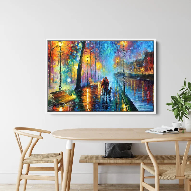 Romantic Rainy Night Canvas Wall Art – Colorful Abstract Cityscape Painting Print for Living Room Decor