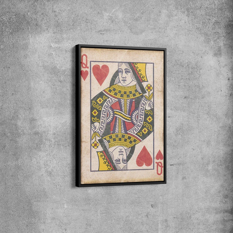 Queen of Hearts Vintage Playing Card Canvas Wall Art – Retro Poker Print for Game Room and Bar Decor