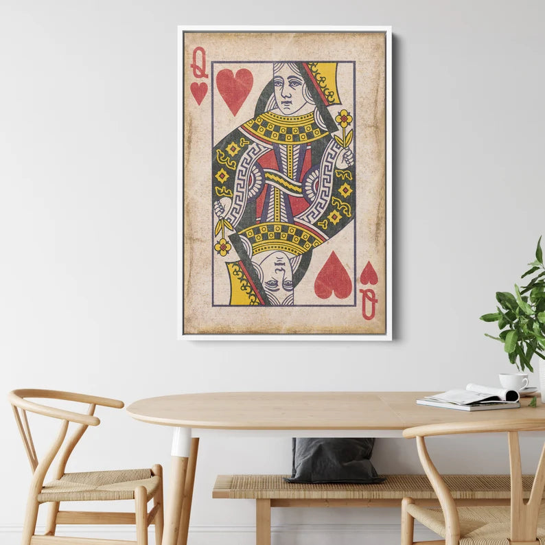 Queen of Hearts Vintage Playing Card Canvas Wall Art – Retro Poker Print for Game Room and Bar Decor