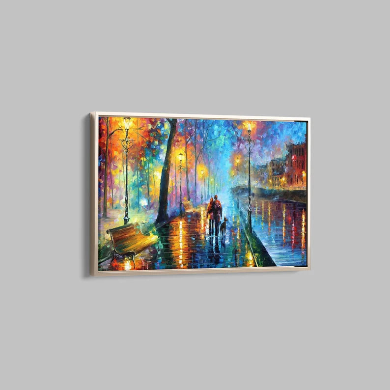 Romantic Rainy Night Canvas Wall Art – Colorful Abstract Cityscape Painting Print for Living Room Decor