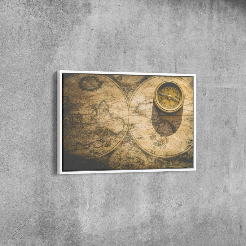 Vintage World Map Canvas Wall Art | Antique Compass & Explorer Theme Print