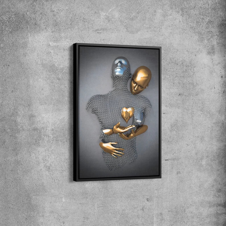 Abstract Metallic Couple Canvas Wall Art – Modern Love Sculpture Print for Contemporary Home Decor