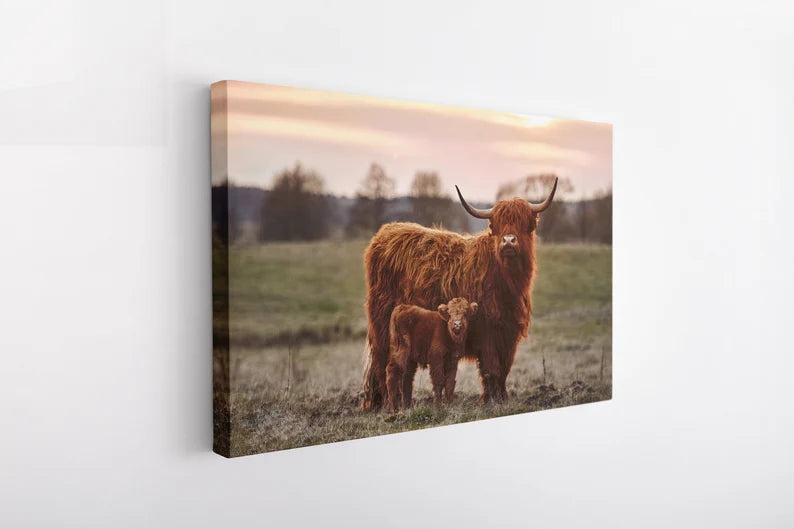 Highland Cow and Calf Canvas Wall Art | Rustic Farmhouse Animal Print | Large Framed Decor