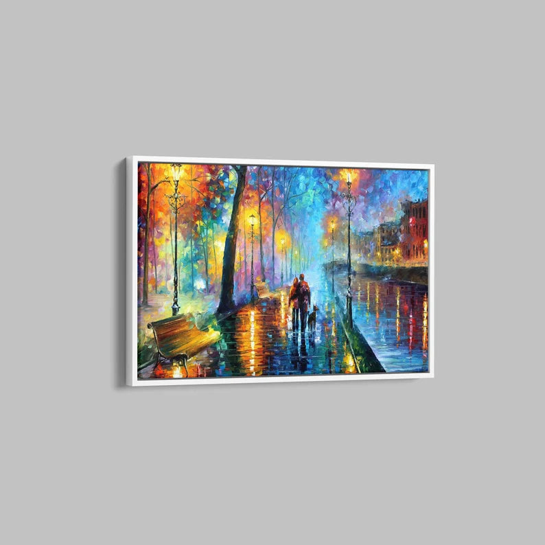 Romantic Rainy Night Canvas Wall Art – Colorful Abstract Cityscape Painting Print for Living Room Decor