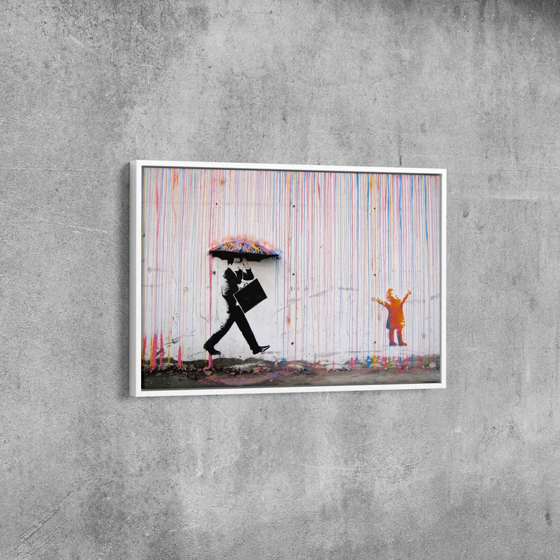 Banksy Style Canvas Art Print | Colorful Rain Street Graffiti Wall Decor
