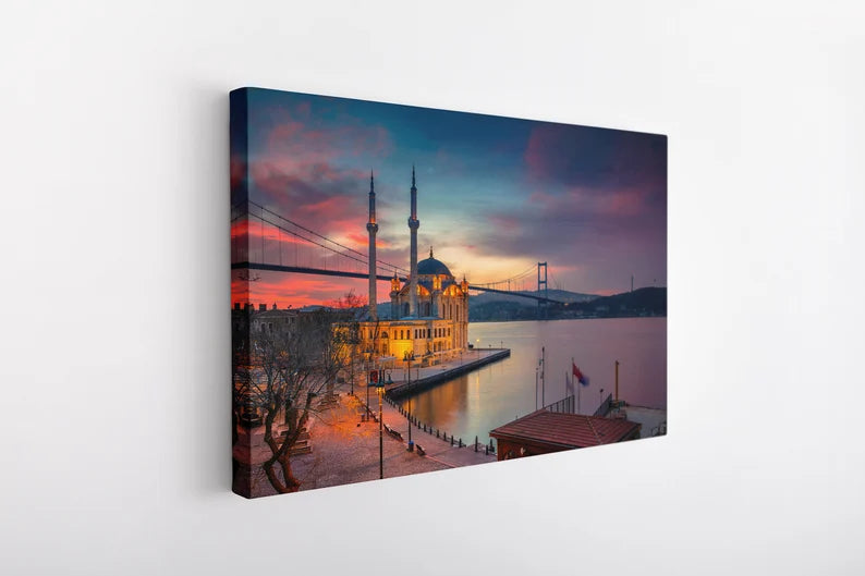 Istanbul Bosphorus Canvas Wall Art – Ortaköy Mosque Sunset Cityscape Print for Modern Home Decor