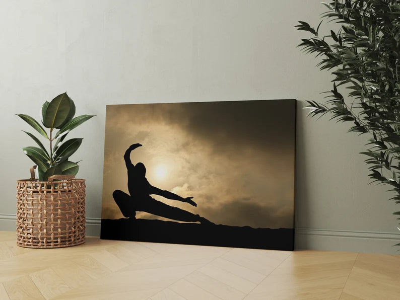 Martial Arts Silhouette Canvas Wall Art – Zen Warrior Sunset Poster Print for Modern Home Decor