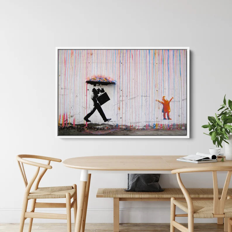 Banksy Style Canvas Art Print | Colorful Rain Street Graffiti Wall Decor