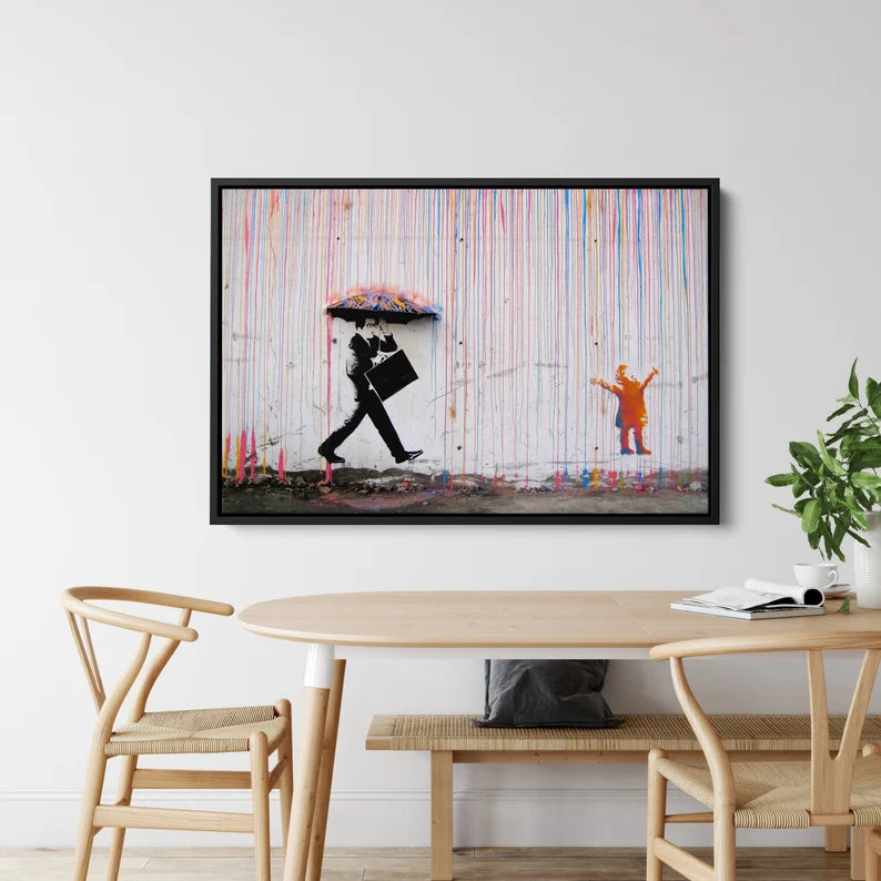 Banksy Style Canvas Art Print | Colorful Rain Street Graffiti Wall Decor