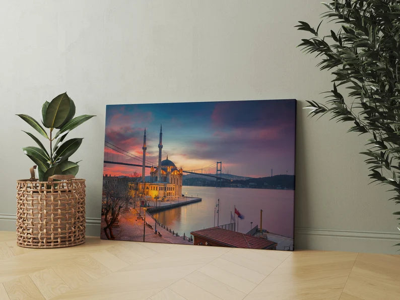Istanbul Bosphorus Canvas Wall Art – Ortaköy Mosque Sunset Cityscape Print for Modern Home Decor