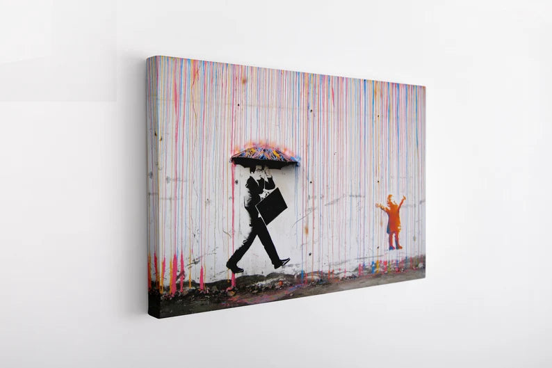 Banksy Style Canvas Art Print | Colorful Rain Street Graffiti Wall Decor
