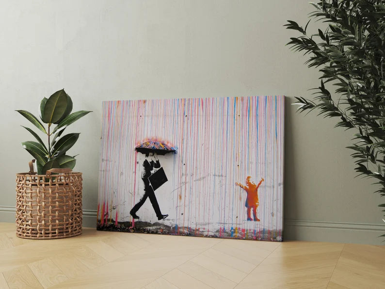 Banksy Style Canvas Art Print | Colorful Rain Street Graffiti Wall Decor