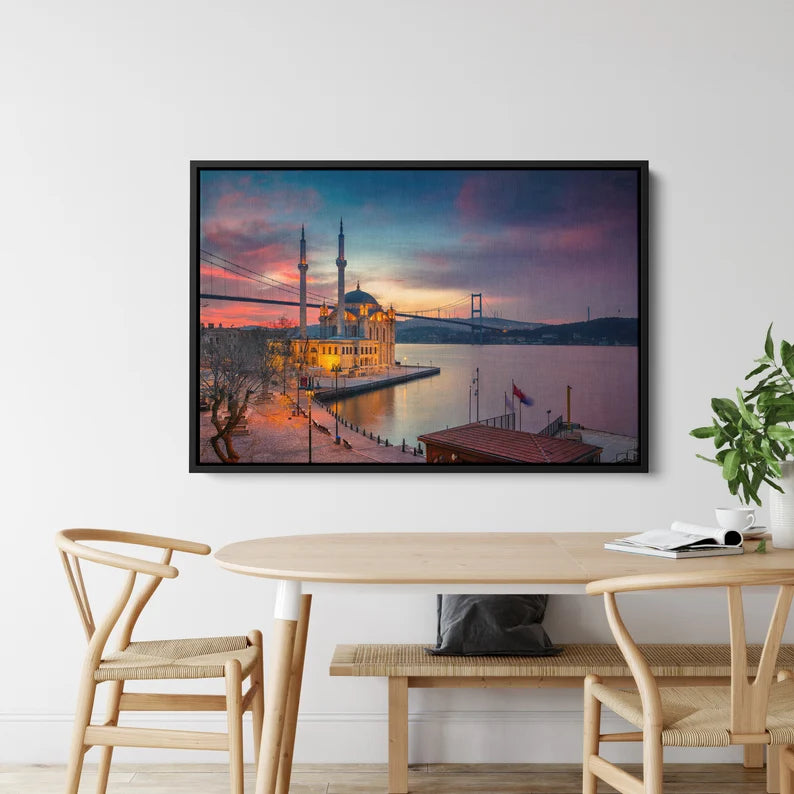 Istanbul Bosphorus Canvas Wall Art – Ortaköy Mosque Sunset Cityscape Print for Modern Home Decor