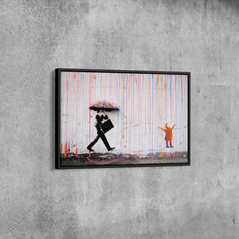 Banksy Style Canvas Art Print | Colorful Rain Street Graffiti Wall Decor