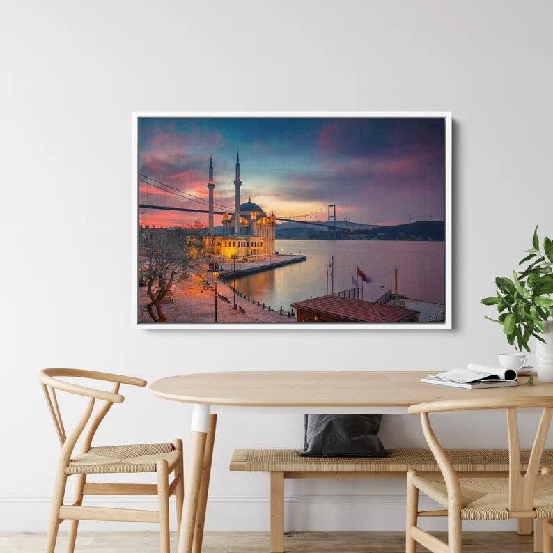 Istanbul Bosphorus Canvas Wall Art – Ortaköy Mosque Sunset Cityscape Print for Modern Home Decor