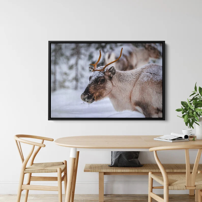 Winter Reindeer Canvas Wall Art – Nordic Wildlife Photography Print for Rustic Cabin and Christmas Home Deco