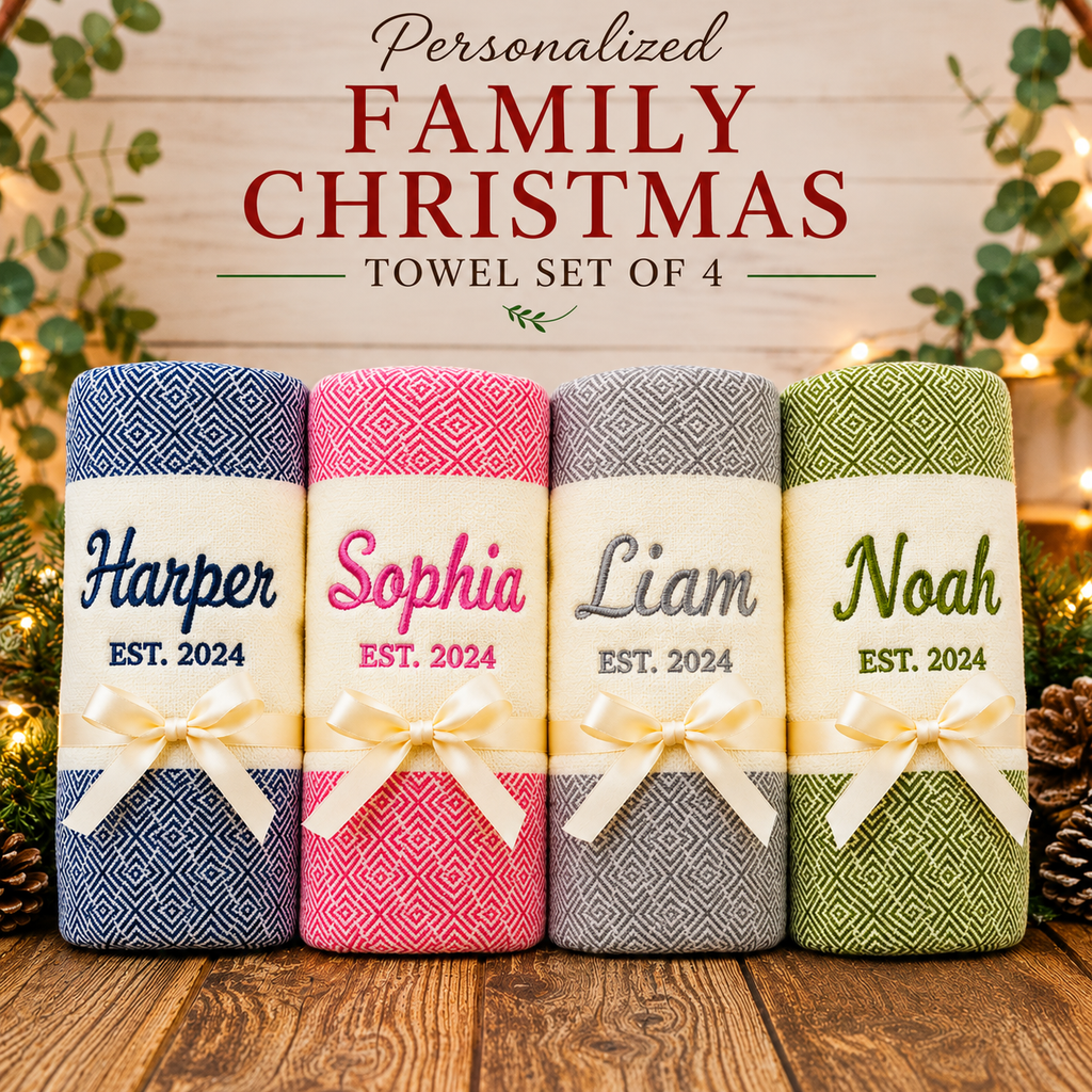 Personalized Family Christmas Towel Set of 4 — Custom Name & Est. Year