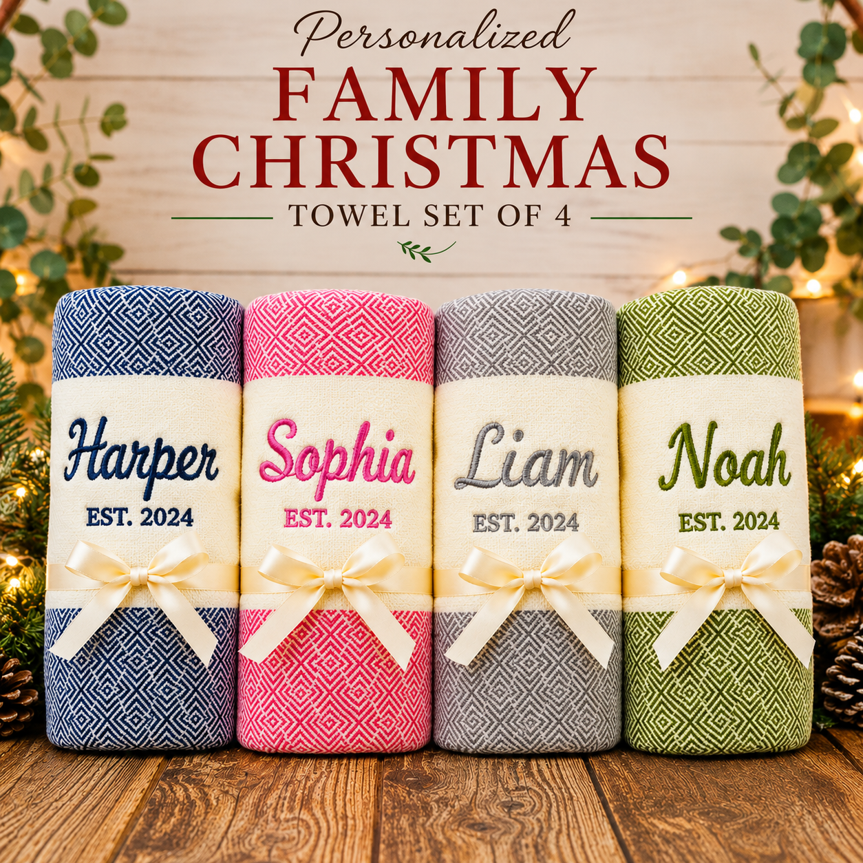 Personalized Family Christmas Towel Set of 4 — Custom Name & Est. Year