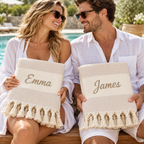 Lifestyle scene with 2 personalized beige diamond Turkish towels