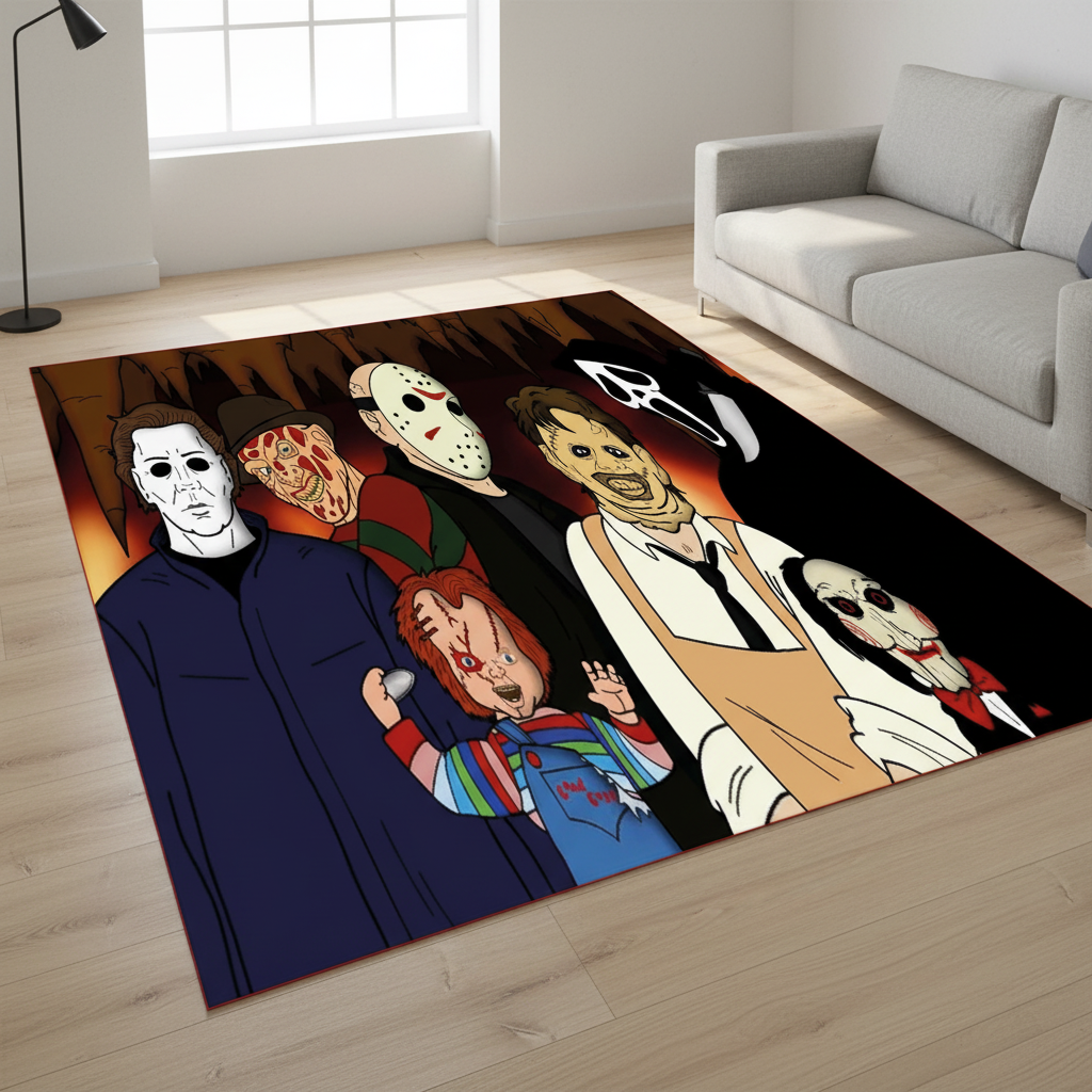Horror Villains Area Rug – Custom Name Option, Modern Black Living Room Carpet