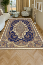 Traditional Persian Style Rug – Beige and Blue Oriental Carpet with Floral Medallion Design for Living Room or Bedroom Decor