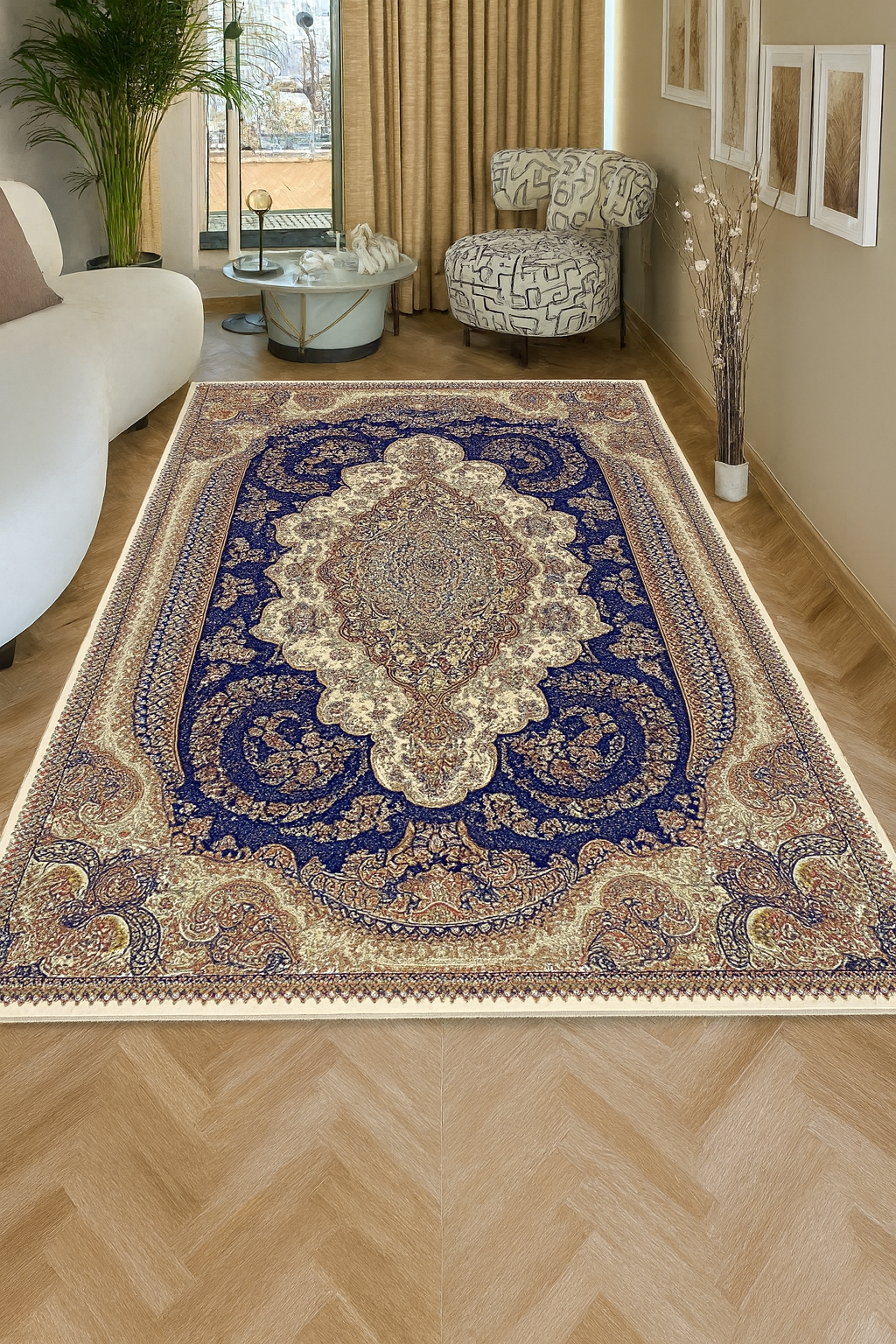 Traditional Persian Style Rug – Beige and Blue Oriental Carpet with Floral Medallion Design for Living Room or Bedroom Decor
